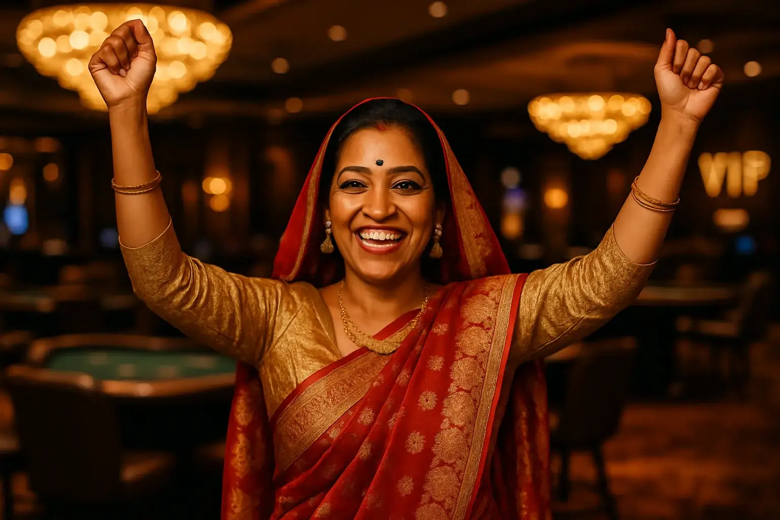 Joyful Bangladeshi woman in traditional attire celebrating in casino VIP lounge