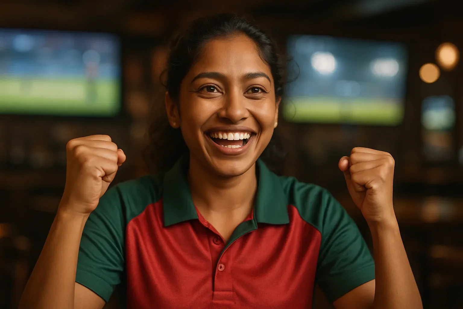 Enthusiastic Bangladeshi woman in cricket jersey celebrating with raised fists