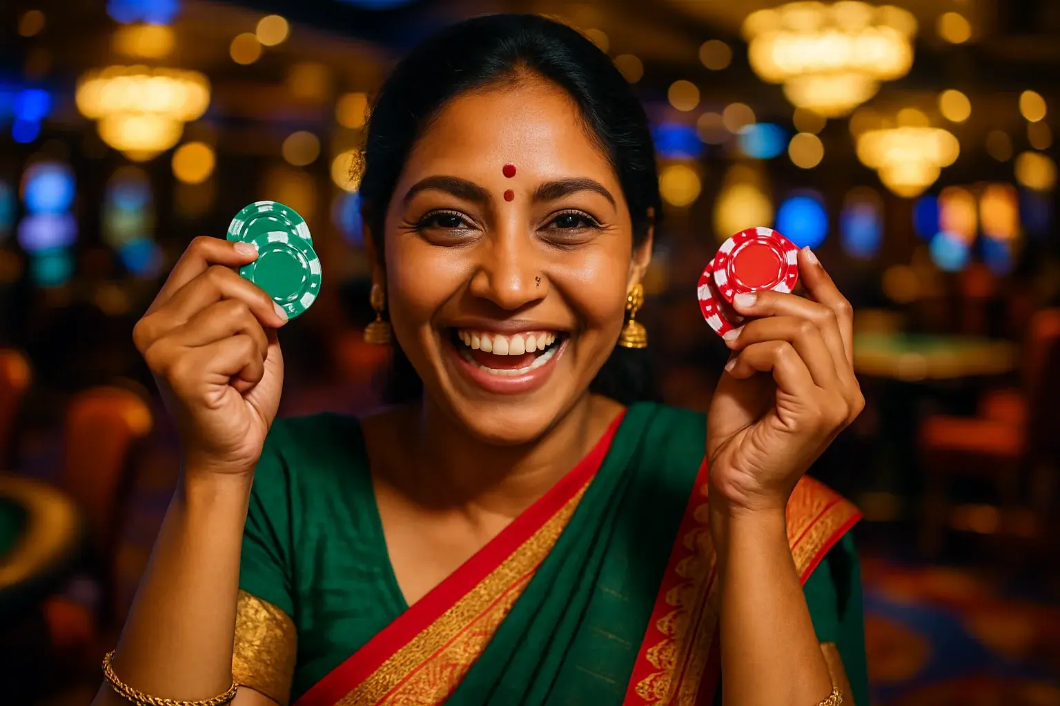 Joyful Bangladeshi woman holding casino chips in VIP lounge