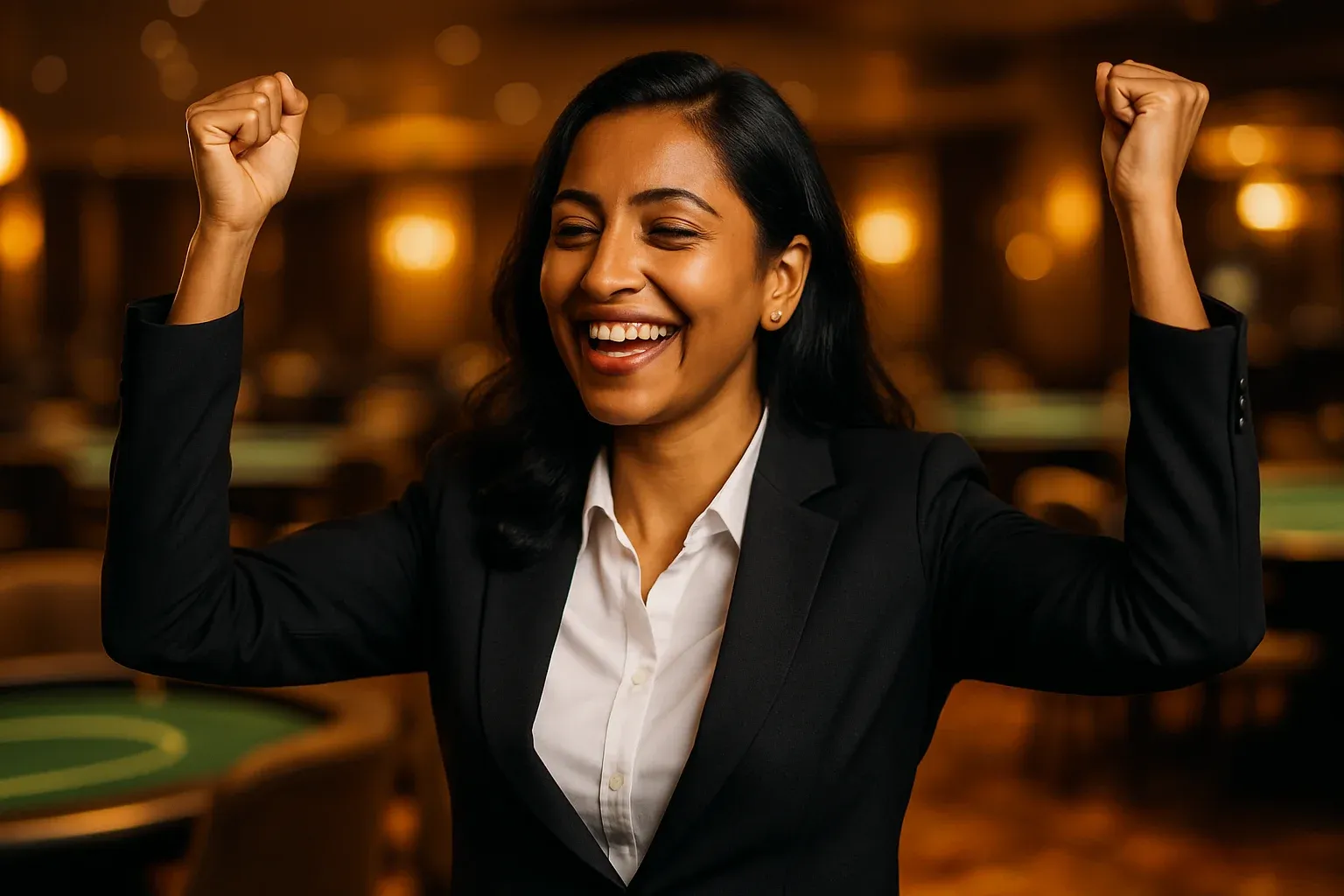 Elegant Bangladeshi woman celebrating with raised arms in casino lounge bokeh