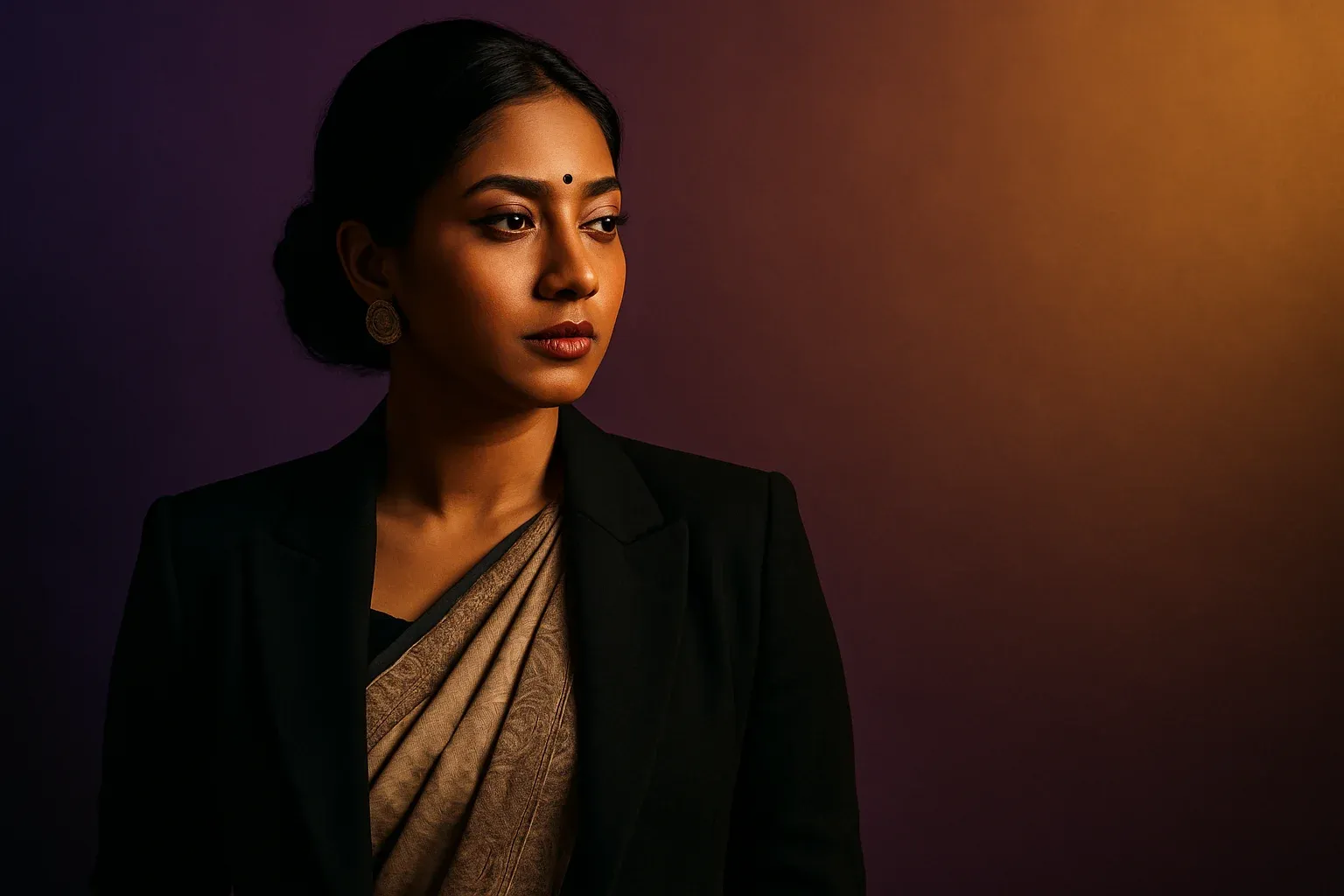 High-resolution portrait of stylish Bangladeshi woman on purple and gold gradient background