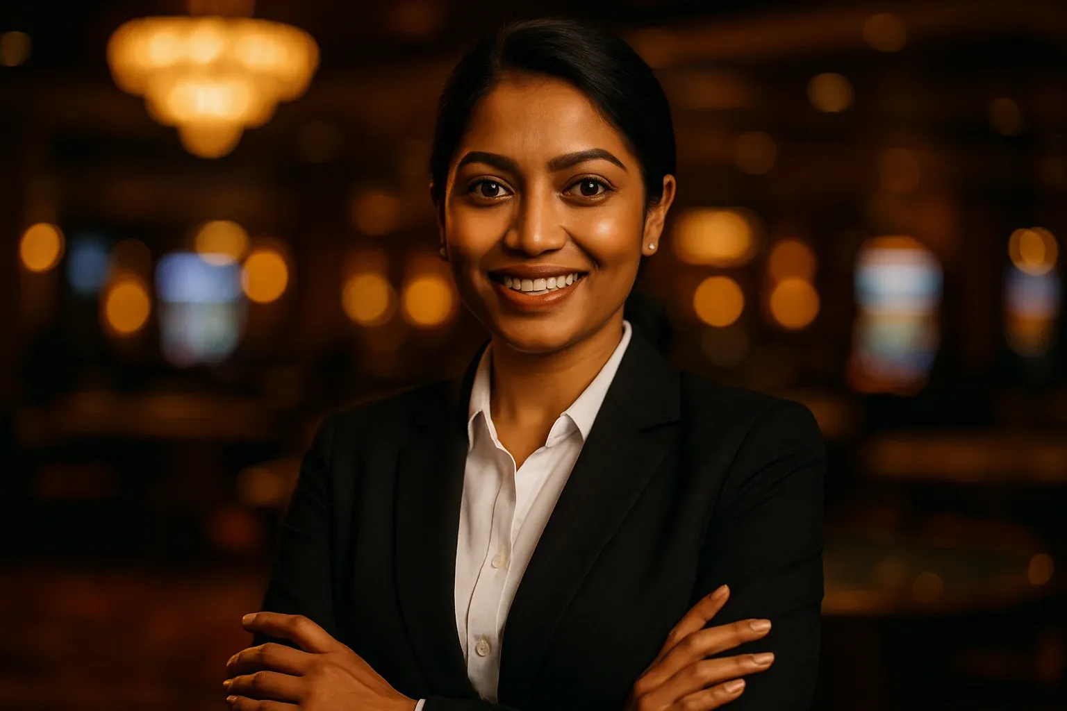 Elegant Bangladeshi woman in formal business attire, smiling in warm casino studio