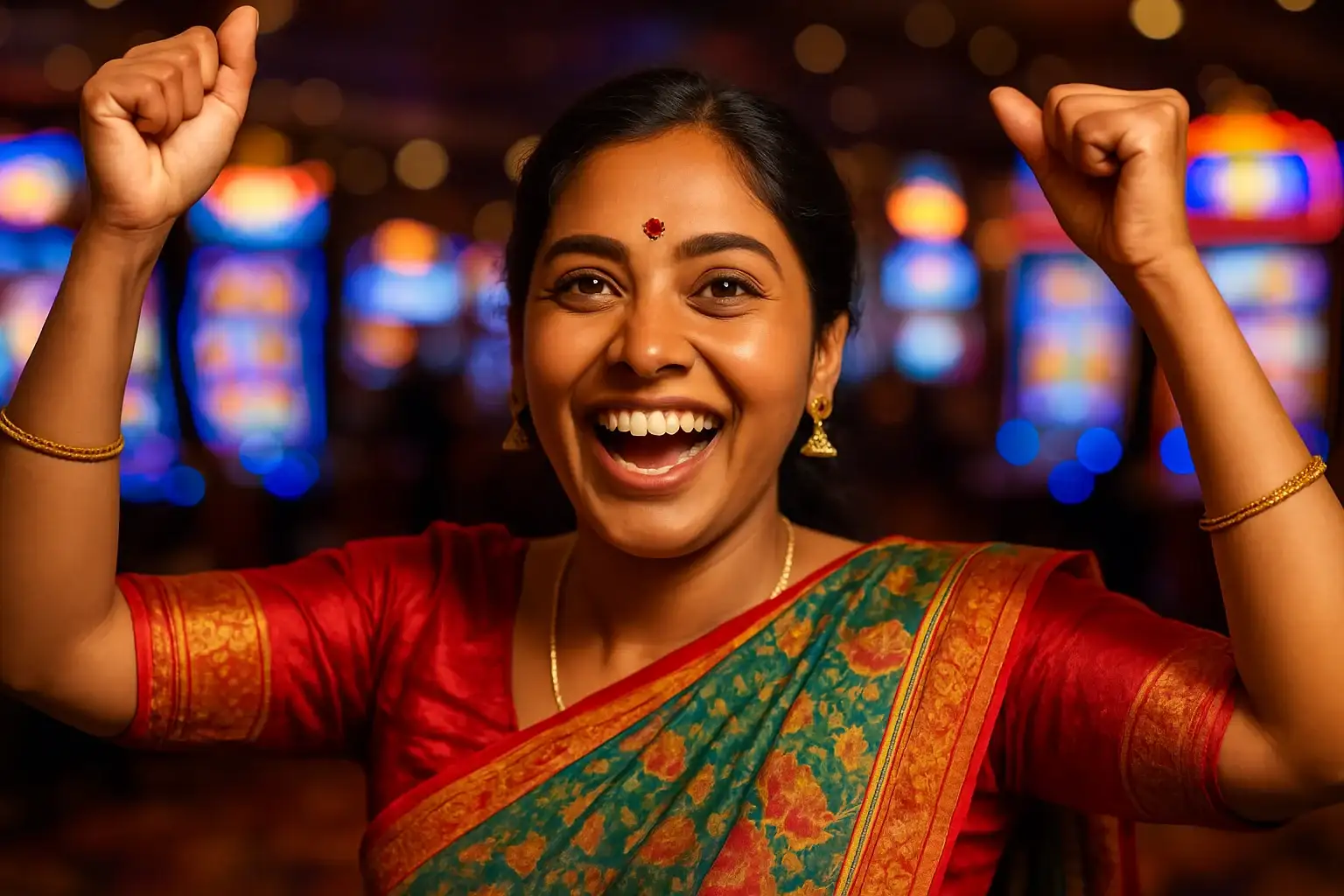 Excited Bangladeshi woman celebrating with raised arms on blurred casino floor